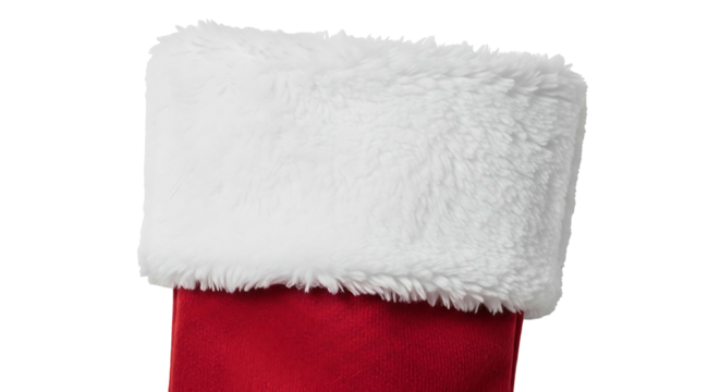 Closeup of a festive red Christmas stocking with a fluffy white cuff isolated on a white background ready for holiday gifts and decorations.