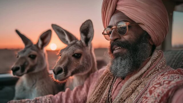 Sikh Indian rideshare driver in traditional attire humorously interacting with kangaroos at sunset in a scenic outdoor setting