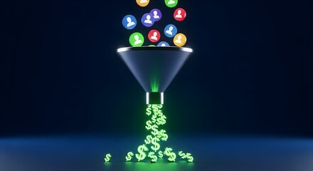 Conversion funnel with social media icons and dollar signs on dark background