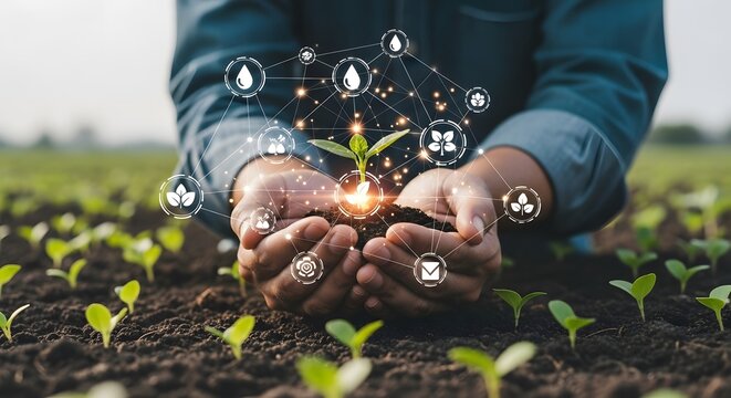 Farmer holding a seedling with digital icons representing smart agriculture