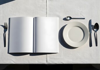 Open magazine on a white linen tablecloth with plate and cutlery, editorial dining style setup