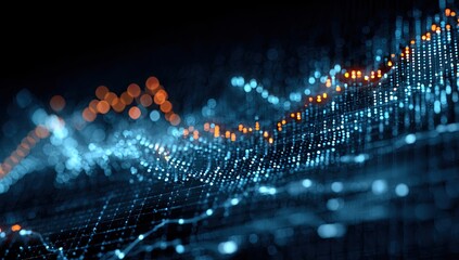Abstract digital graph with glowing blue and orange data points on dark background