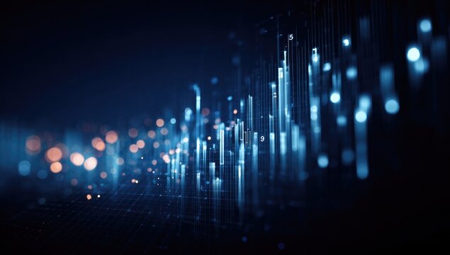 Abstract digital data visualization with glowing blue and orange lights