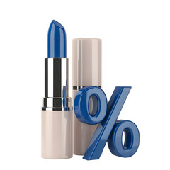 Blue lipstick tube and a glossy 3D percentage symbol signifying a beauty product sale, promotion, or discount isolated on transparent background.