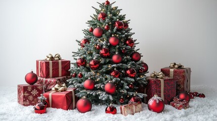 Festive Tree and Gifts: A Christmas scene of a decorated evergreen tree adorned with vibrant red ornaments surrounded by elegantly wrapped gift boxes, creating a warm, joyful atmosphere.