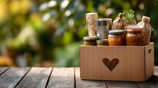 Cardboard donation box is filled with non-perishable food items. It sits on a wooden table with a soft, sunlit green background symbolizing charity.