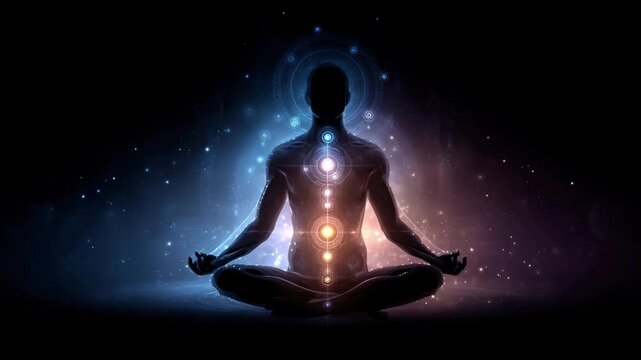 Yoga enlightenment with chackras. Man silhouette in enlightened yoga meditation pose with chackras symbols appearing in centers on the body with glowing auras