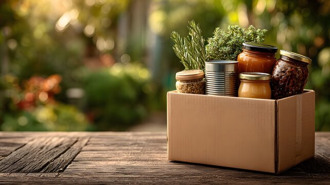 Cardboard donation box is filled with non-perishable food items. It sits on a wooden table with a soft, sunlit green background symbolizing charity.