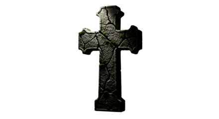Cracked Stone Cross Isolated on White Background.