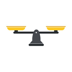 Flat illustration of a balanced weighing scale with two yellow pans and a dark base on a white background, symbolizing equality, justice, fairness, measurement, and decision-making concept.
