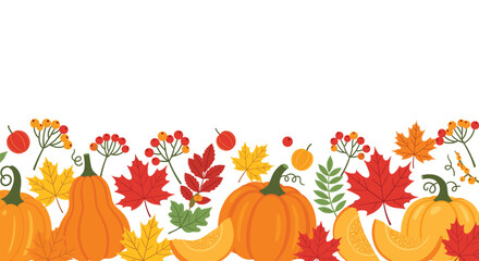 Autumn harvest vector—pumpkins, pumpkin slices, fall leaves, berries, seasonal foliage, Thanksgiving decor, cozy nature celebration illustration