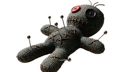 Creepy Voodoo Doll with Pins Isolated on White Background.