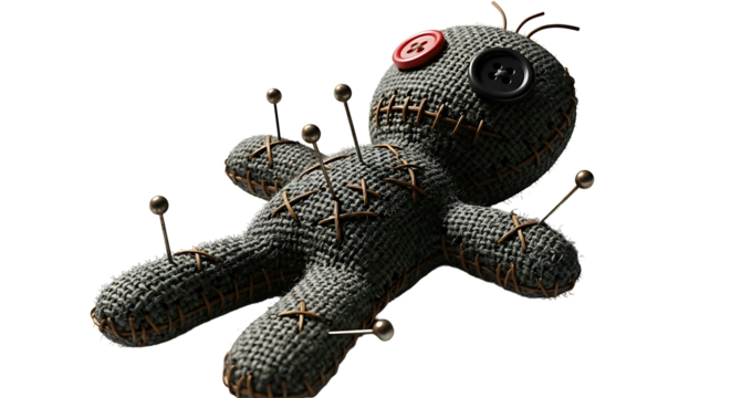 Creepy Voodoo Doll with Pins Isolated on White Background.