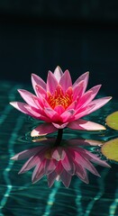 A vibrant waterlily flower floats gracefully on serene, clear pool water, creating a peaceful and elegant botanical scene. Reflections shimmer gently ,beautiful ,calm ,garden