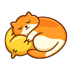 Cute Brown and White Cat Sleeping on Yellow Pillow Illustration