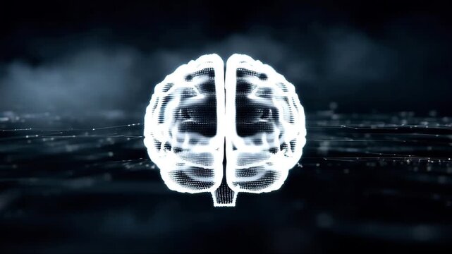 Digital A. I. Brain in cloud of binary data. A computer generated animation of a digital brain surrounded by binary information illustrating concepts of thought, technology and communication