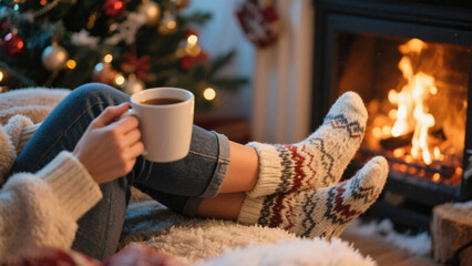 Feet in woollen socks by the Christmas fireplace. Woman relaxes by warm fire with a cup of hot drink and warming up her feet in woollen socks. Close up on feet. Winter and Christmas holidays concept