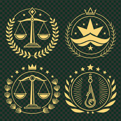 Golden law justice and leadership icons with laurel wreath illustration © GW