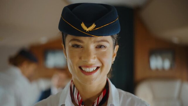 Close-up of a friendly female flight attendant in uniform smiling at the camera inside an airplane. The professional cabin crew member shows happiness and satisfaction during the flight