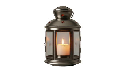 Elegant metallic lantern with a lit candle inside creating warm ambiance.