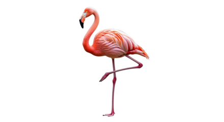 Elegant Pink Flamingo Standing on One Leg Isolated on White Background.