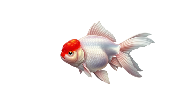 Elegant Oranda Goldfish with Red Cap on White Background.