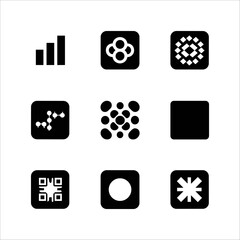 Nine black icons for data visualization, science, and technology, isolated on a
