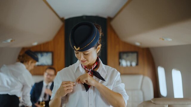 Confident young stewardess in uniform pinning a brooch on her shirt and smiling at the camera inside a luxury private jet, while another flight attendant serves a businessman in the background