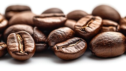 Naklejka premium Roasted Coffee Beans: A close-up showcases roasted coffee beans. The intricate textures and rich hues invite a sensory experience, evoking the warmth of a comforting brew.