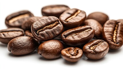 Naklejka premium Roasted Coffee Beans: A close-up showcases a collection of roasted coffee beans, inviting one to savor the rich aroma and deep, inviting tones of coffee.