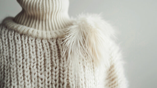 Close-up of a cozy, creamy white turtleneck sweater with a prominent knit texture, delicately adorned with a soft, feathery plume.