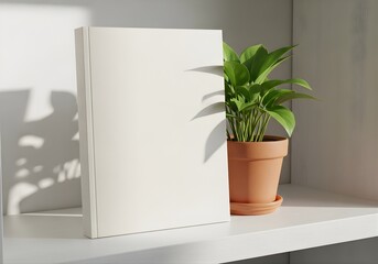Closed blank magazine leaning against a potted plant on a white wooden shelf, clean daylight home decor