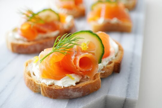 Delicious smoked salmon on cream cheese toast garnished with cucumber - Powered by Adobe