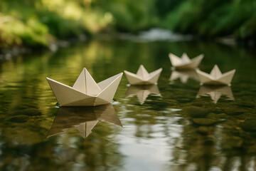 Calm Progress – Floating Paper Boats in a Shallow Stream