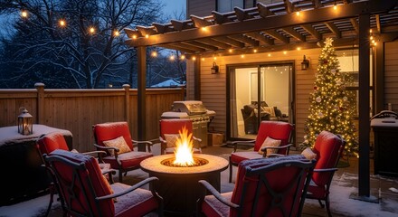 Cozy winter patio with fire pit, christmas tree, and string lights at dusk