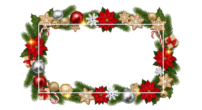 Festive Christmas Frame with Poinsettias and Ornaments 1.