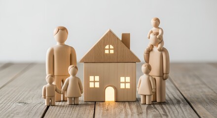 Wooden Family Figures and Glowing House Model on Rustic Wood Surface, Symbolizing Home, Family, and Real Estate Investment.