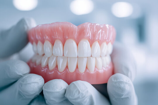 Dentist carefully holds a full set of dentures, ready for patient fitting.