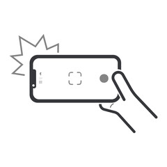 Isolated pictogram of a hand holding a smartphone taking a photo with camera flash and visible viewfinder screen interface.