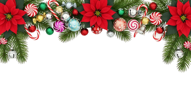 Festive Christmas Garland with Red Poinsettias and Ornaments 1.