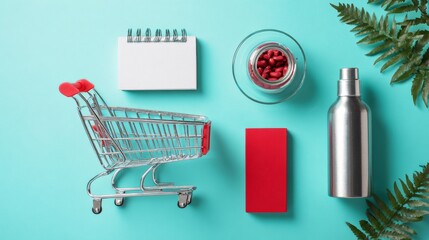 Creative flat lay of shopping and eco products on blue background