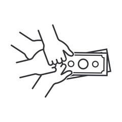 Isolated pictogram many hands grabbing money, symbolizing work, greed, finance, economy, competition, and desire for wealth and success.