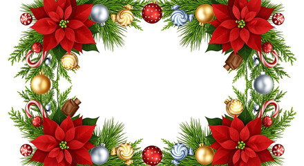 Festive Christmas wreath with red poinsettias and ornaments 1.
