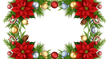 Festive Christmas wreath with red poinsettias and ornaments 1.