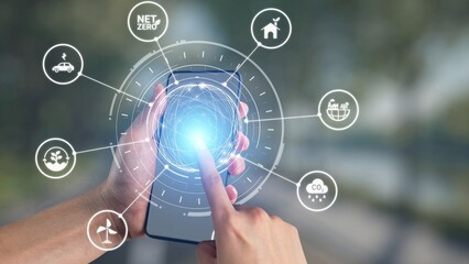 Net zero and sustainability concepts with environmental balance, digital sustainability icons, green energy goals, and eco-conscious digital business transformation for the future. Gist