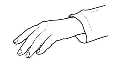 Isolated line art illustration of a human hand reaching forward, minimal style outline symbolizing touch, gesture, help, or action.