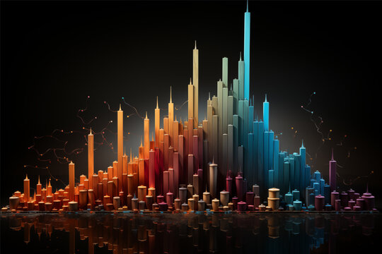 Vibrant 3D illustration of a futuristic cityscape made of colorful bars representing data analytics, economic growth, and technology innovation. Perfect for finance, AI, data science.