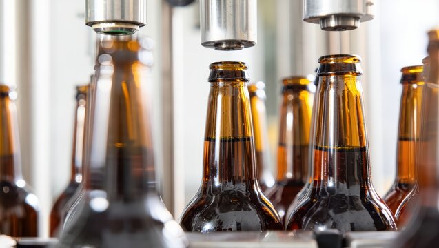 Bottles being filled with beer in a modern production facility