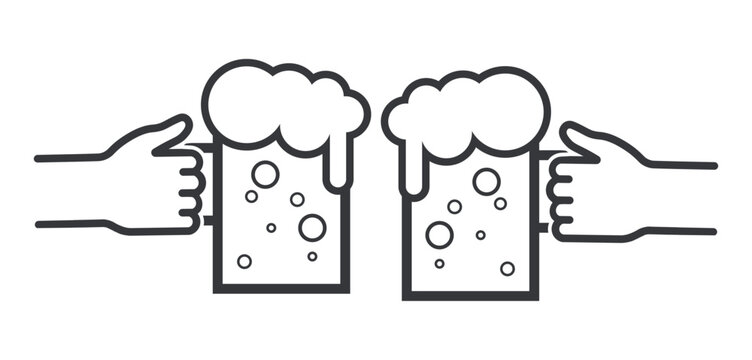 Isolated pictogram icon of two hands clinking beer glasses, symbolizing party, celebration, friendship, bar, café, and social enjoyment.