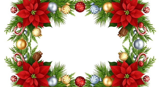 Festive Christmas wreath with red poinsettias and ornaments 1. - Powered by Adobe
